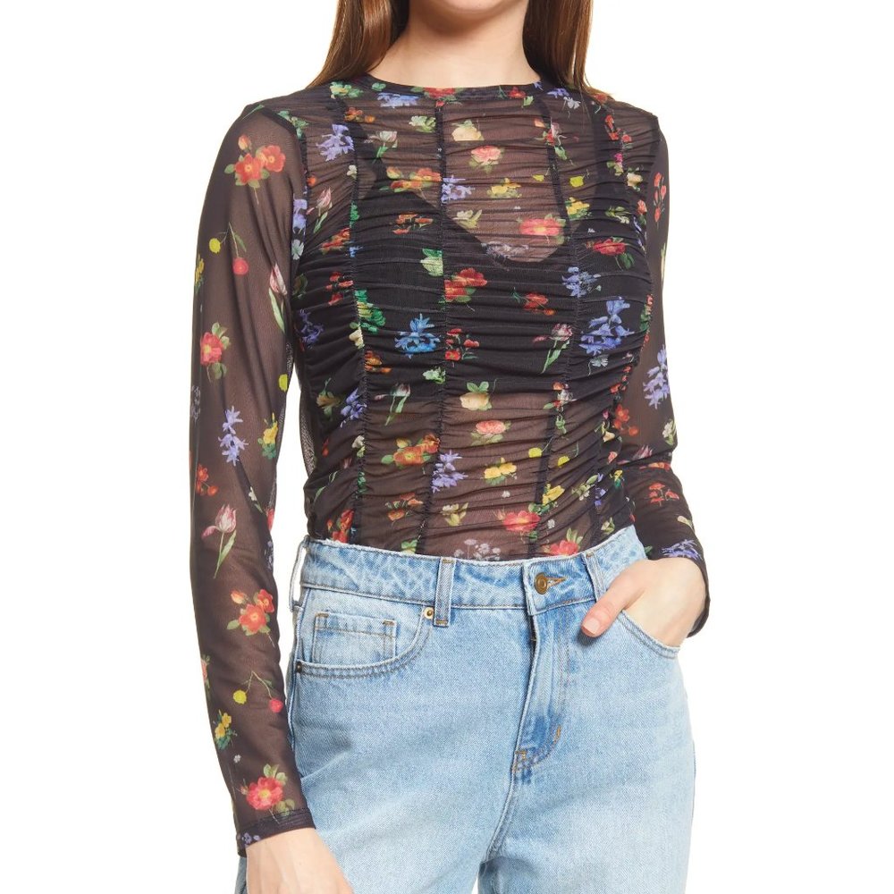 Topshop Floral Ruched Mesh Long Sleeve Top Multi Nordstrom Black Sheer